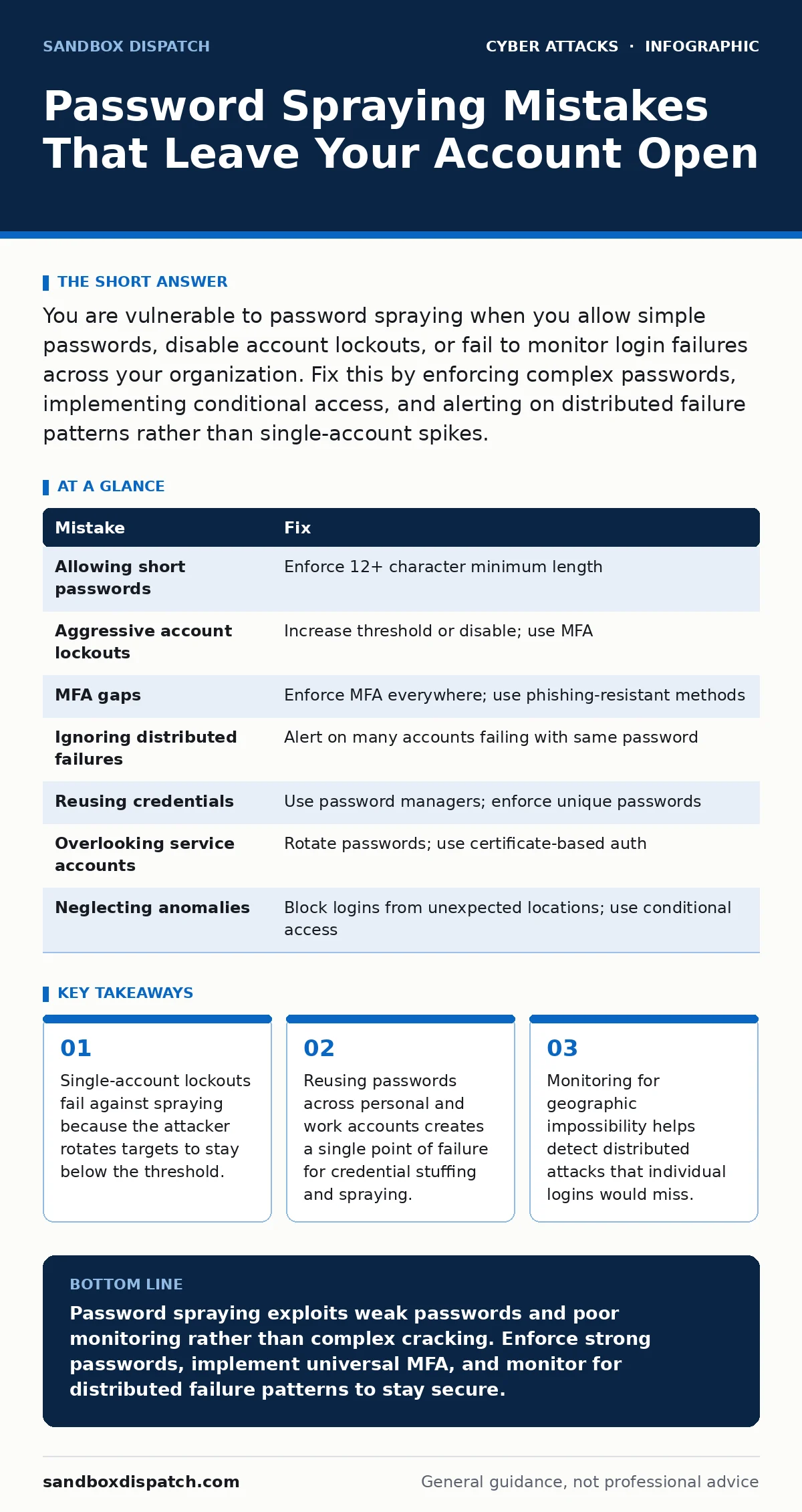 Infographic: Password Spraying Mistakes That Leave Your Account Open. Single-account lockouts fail against spraying because the attacker rotates targets to stay below the threshold. Reusing passwords across personal and work accounts creates a single point of failure for credential stuffing and spra