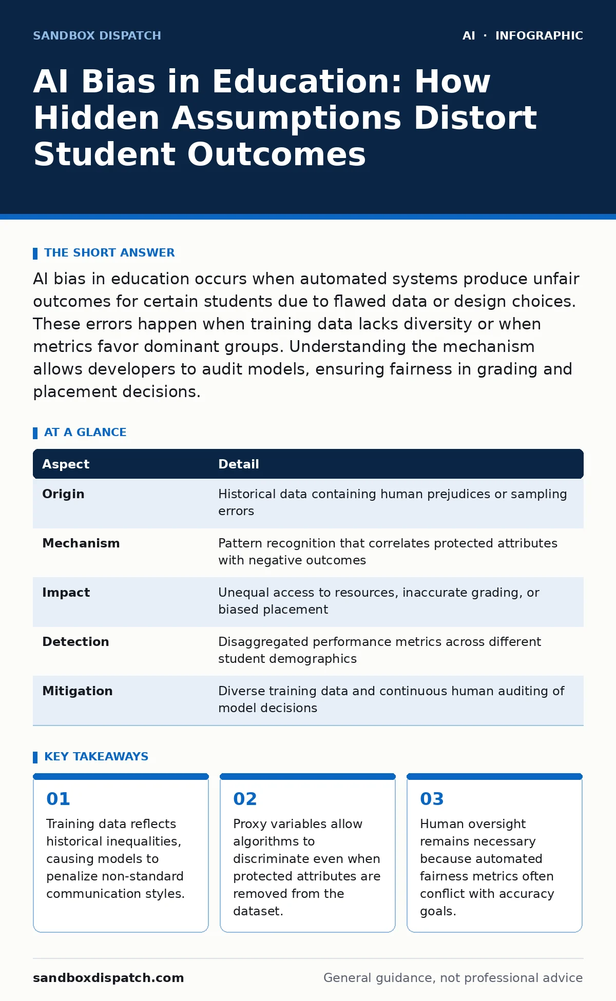 Infographic: AI Bias in Education: How Hidden Assumptions Distort Student Outcomes. Training data reflects historical inequalities, causing models to penalize non-standard communication styles. Proxy variables allow algorithms to discriminate even when protected attributes are removed from the datas