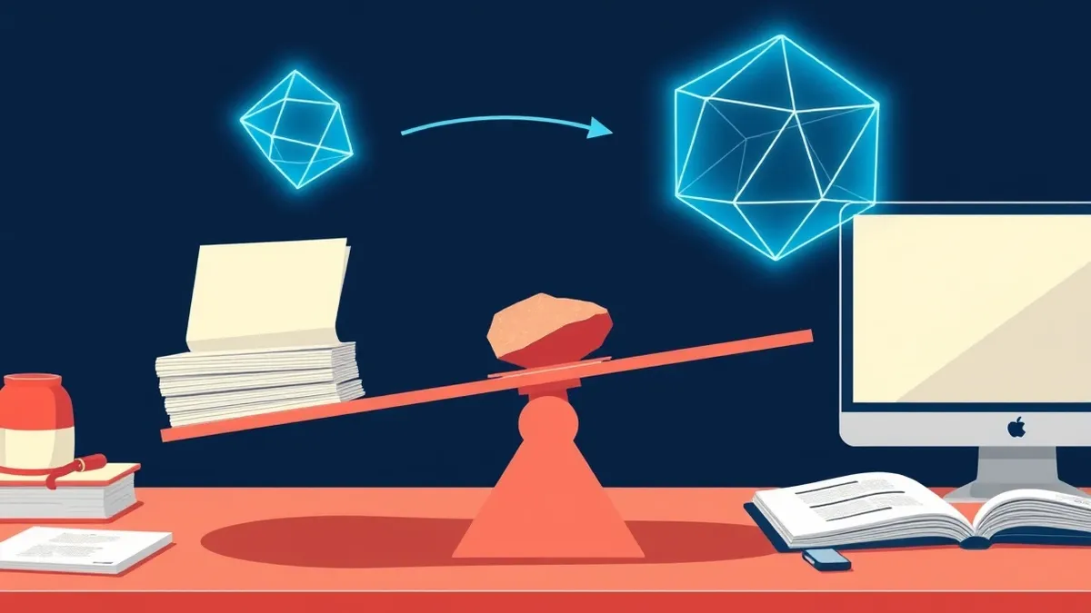 Illustration: A tilted balance scale rests on a desk, holding a stack of blank papers on one side and a single heavy stone on the other.