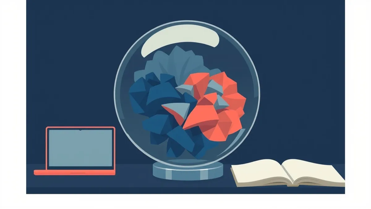 Illustration: A transparent glass sphere sits on a dark desk, filled with swirling layers of compressed blue and grey data clouds that form abstract geometric patterns.