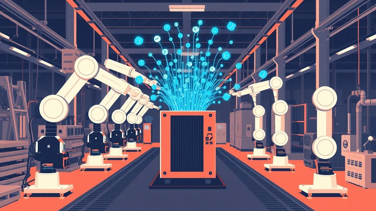 Illustration: A generic factory floor features an old industrial assembly line being retrofitted with sleek white robotic arms.