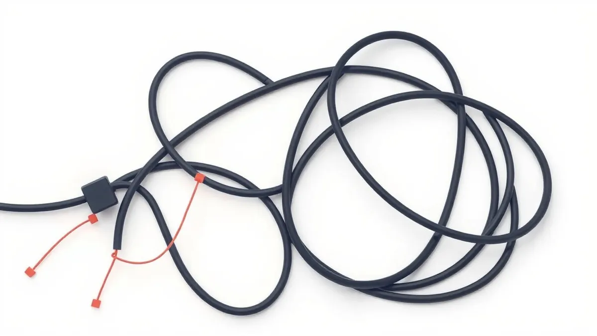 Illustration: A tangled knot of black cables lies on a white surface, with thin red threads slipping silently through the gaps.