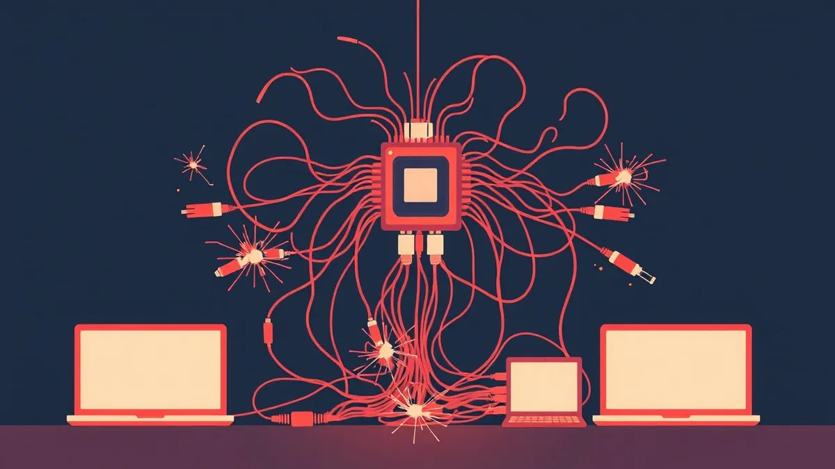 Illustration: A tangled web of loose, frayed cables connects a glowing central processing node to several disconnected peripheral devices.