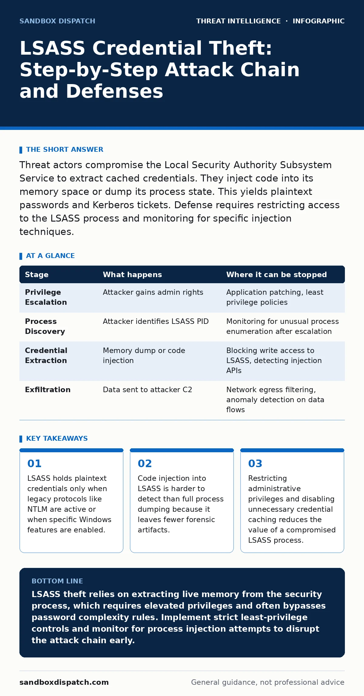 Infographic: LSASS Credential Theft: Step-by-Step Attack Chain and Defenses. LSASS holds plaintext credentials only when legacy protocols like NTLM are active or when specific Windows features are enabled. Code injection into LSASS is harder to detect than full process dumping because it leaves fewe