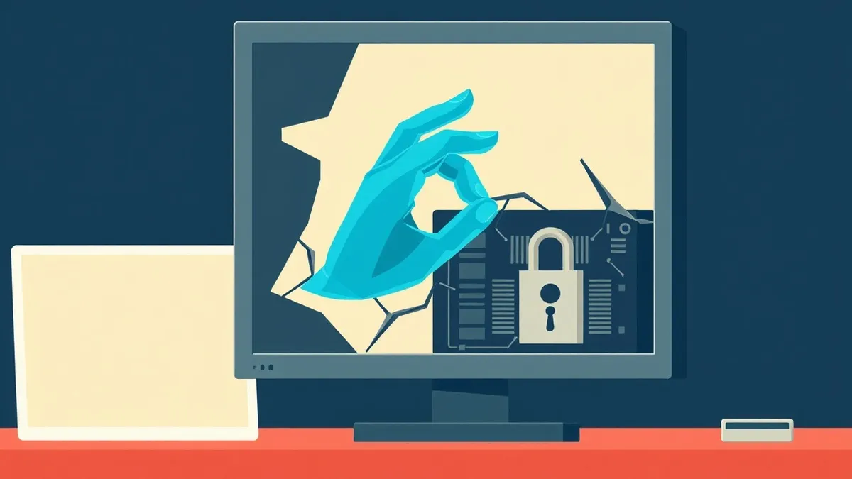 Illustration: A translucent blue ghost hand reaches through a cracked computer monitor, grasping a glowing silver key stored inside a dark circuit board.
