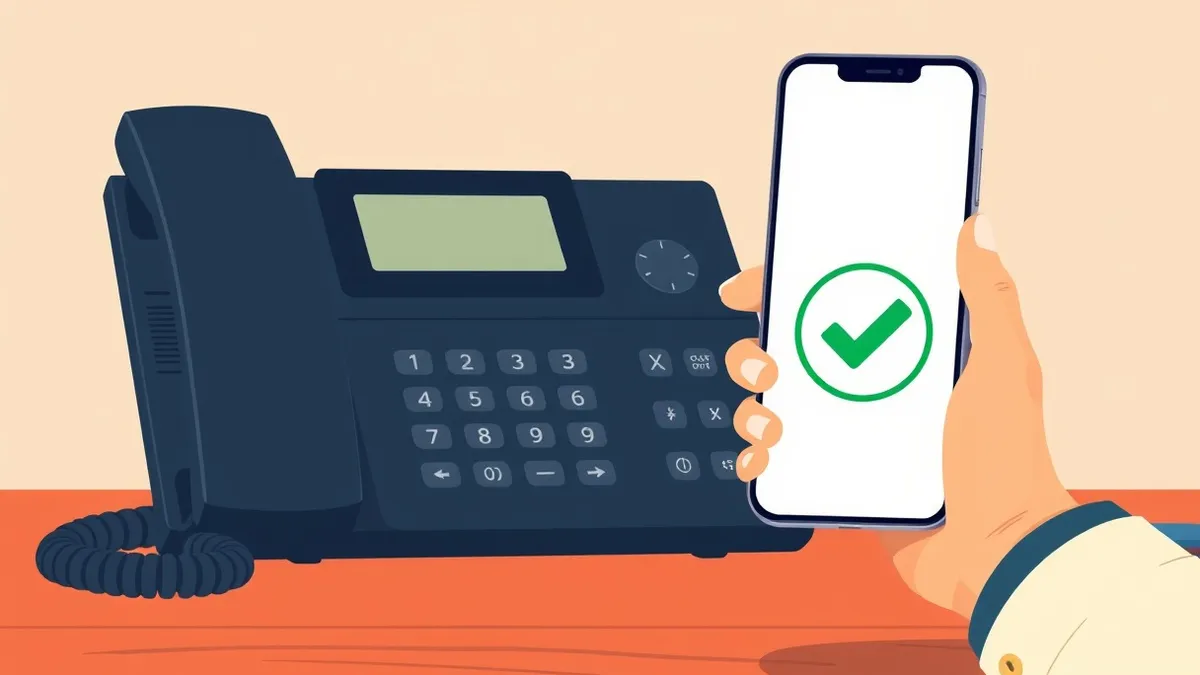 Illustration: A black office telephone sits on a wooden desk.