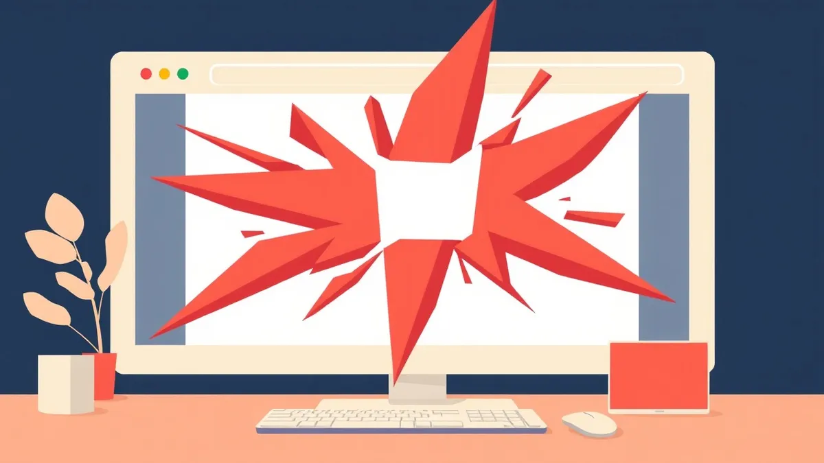 Illustration: A web browser window displays a blank white page with jagged red geometric shards bursting from the center, symbolizing a critical security breach in a media plugin.