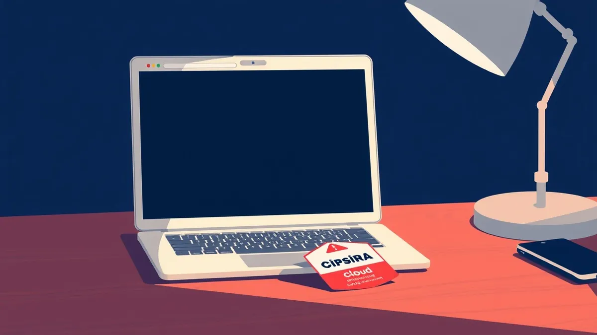 Illustration: A sleek white laptop sits on a clean desk, its screen displaying an empty browser window with a single red alert icon.