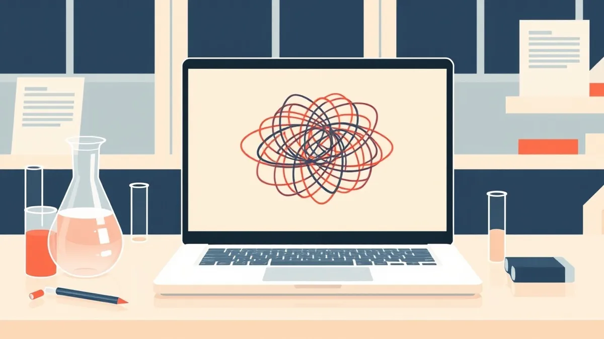 Illustration: A sleek white laptop sits on a polished lab bench next to a glass beaker and scattered test tubes.
