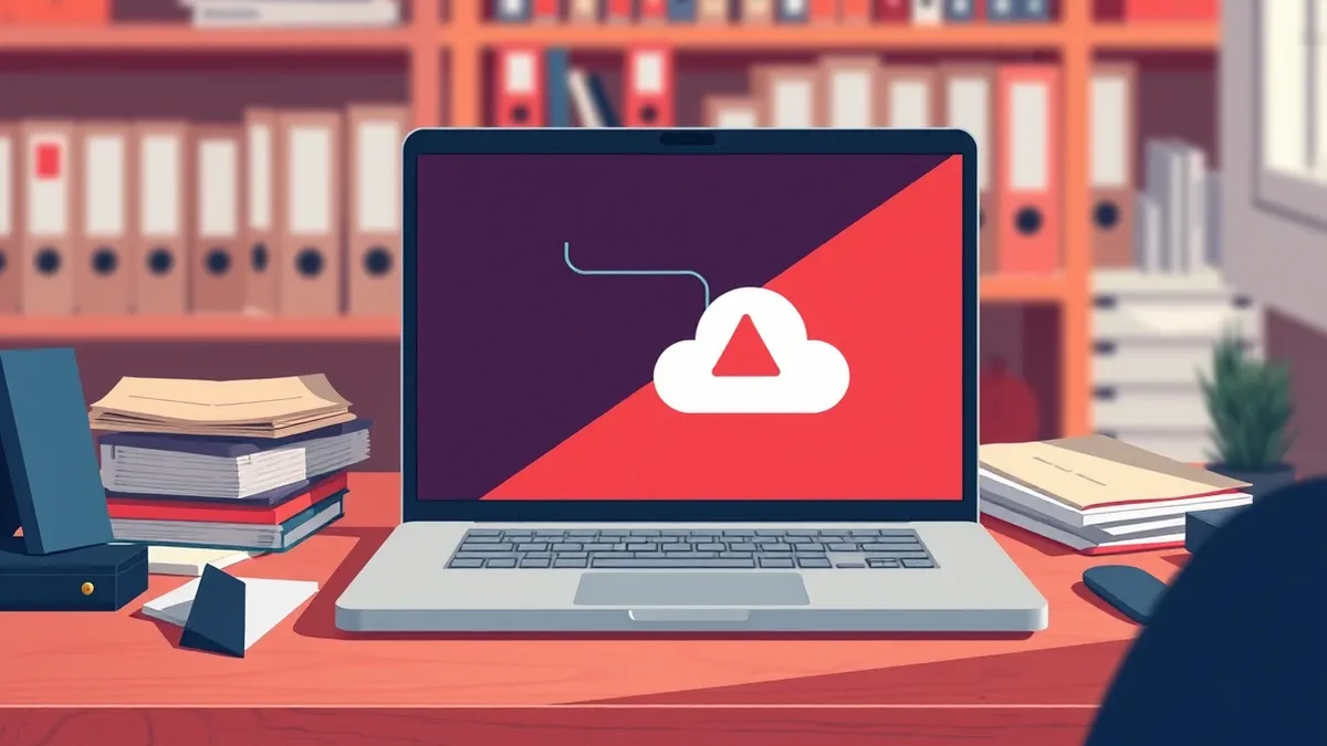 Illustration: A silver laptop sits open on a cluttered wooden desk in a small office, its screen displaying a single generic cloud icon connected to a red warning triangle.
