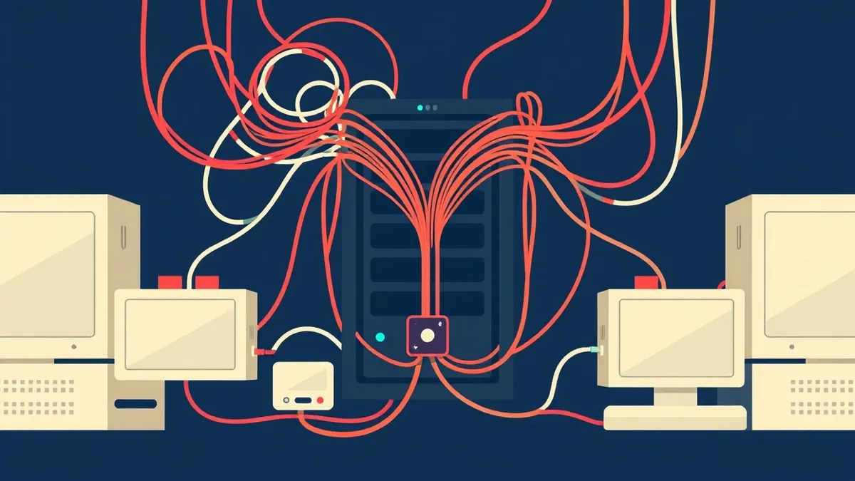 Illustration: A tangled mess of colorful wires connects a central server module to several smaller devices.