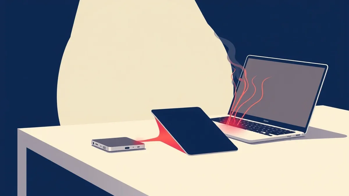 Illustration: A sleek smartphone and a silver laptop sit idle on a clean white desk.
