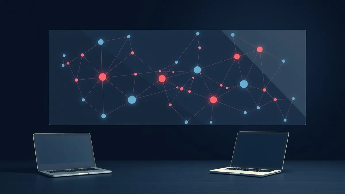 Illustration: A transparent glass network map floats in a dark room, showing faint red threads weaving invisibly between isolated blue nodes.