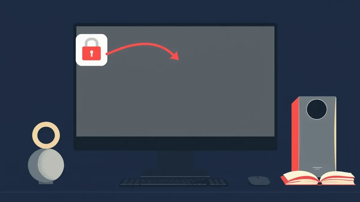 Illustration: A sleek black computer monitor sits on a dark desk, its screen displaying a blank gray interface with simple geometric shapes.