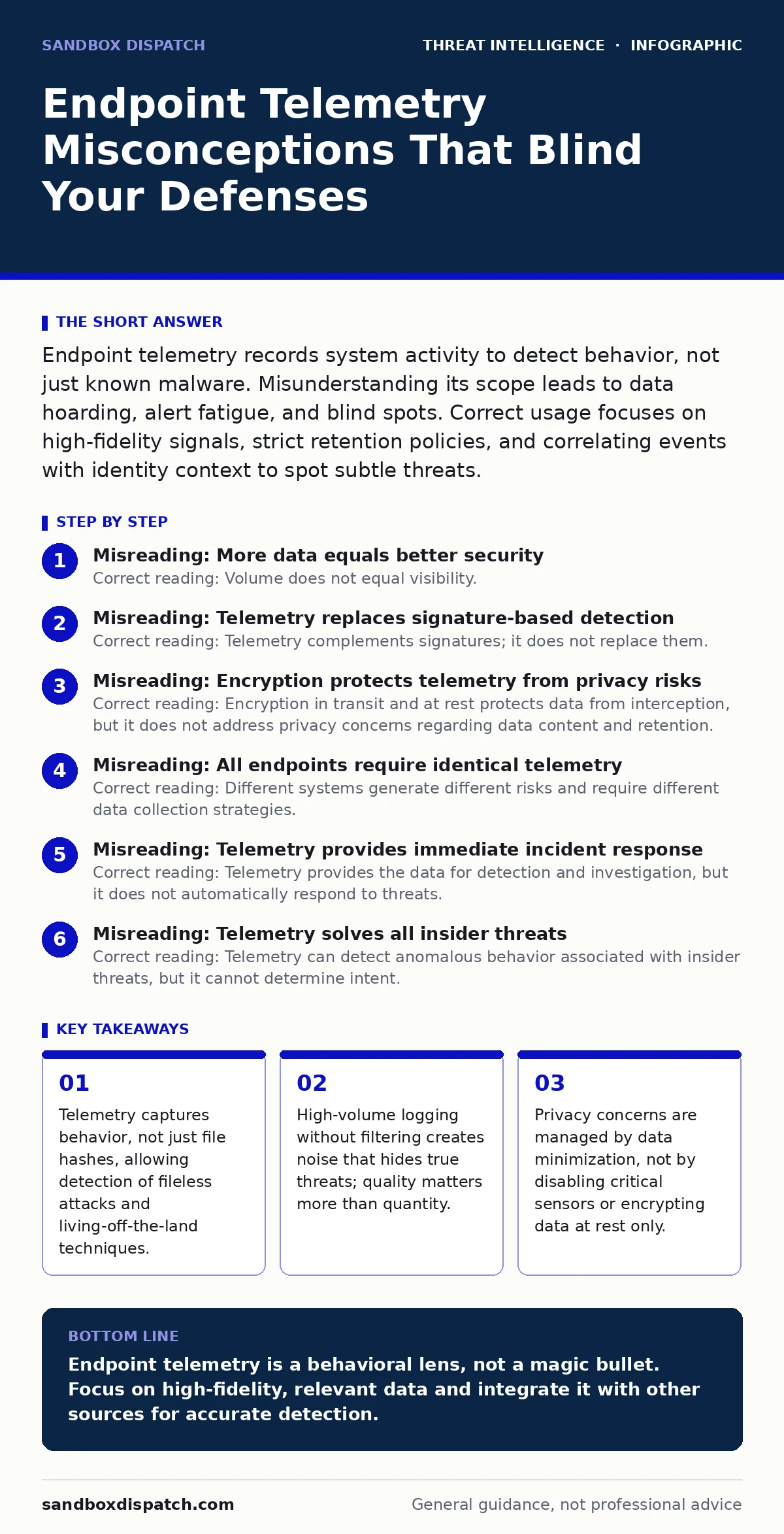 Infographic: Endpoint Telemetry Misconceptions That Blind Your Defenses. Telemetry captures behavior, not just file hashes, allowing detection of fileless attacks and living-off-the-land techniques. High-volume logging without filtering creates noise that hides true threats; quality matters more tha