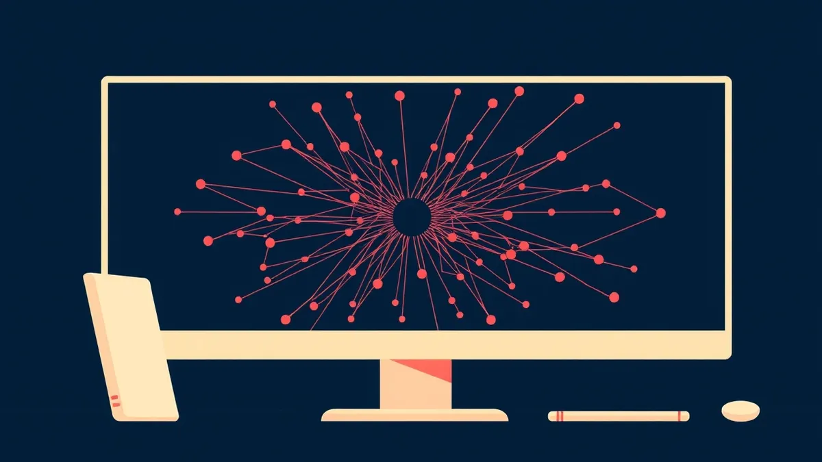 Illustration: A sleek desktop monitor displays a tangled web of thin red lines connecting to a central black node.