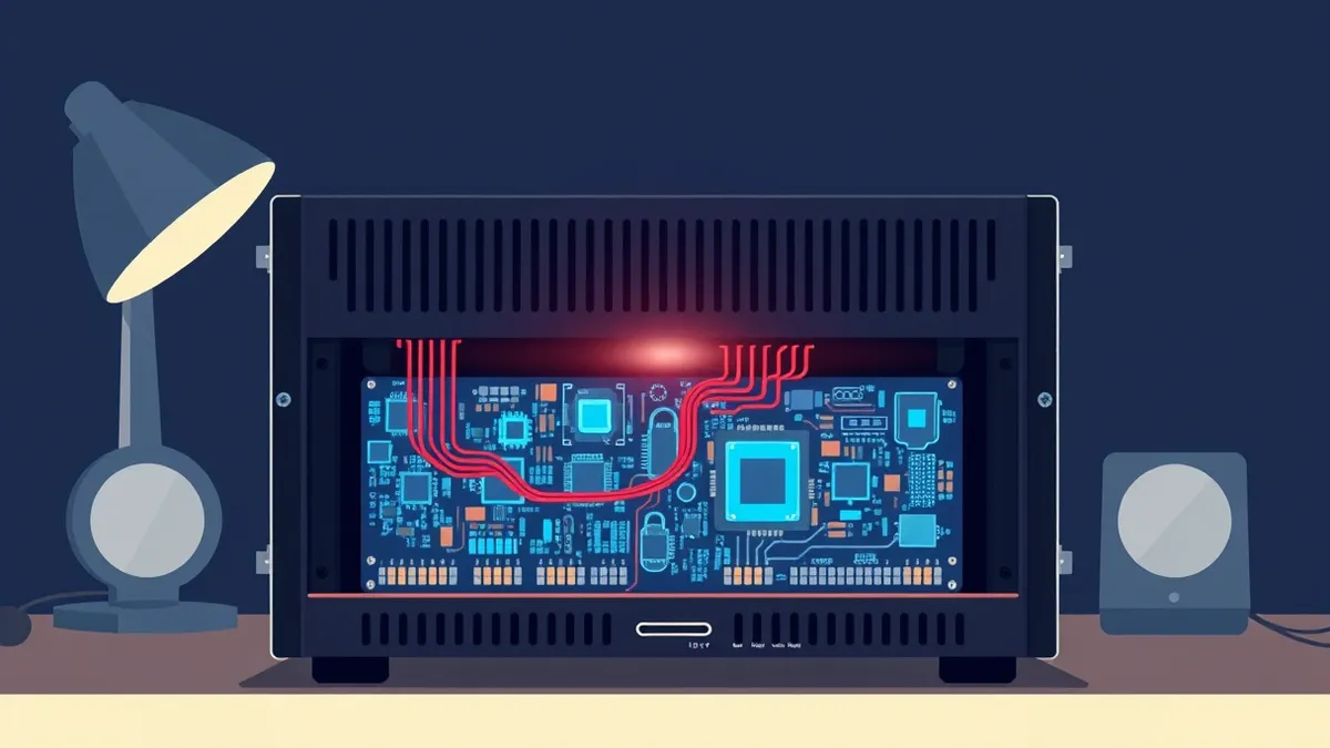 Illustration: A black firewall device sits on a desk with its metal casing removed.