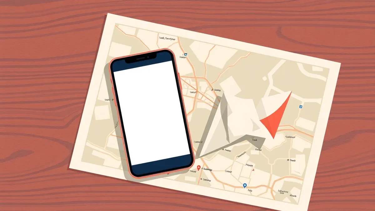 Illustration: A sleek smartphone sits on a wooden table, its screen displaying a blank, empty interface next to a crumpled paper map.