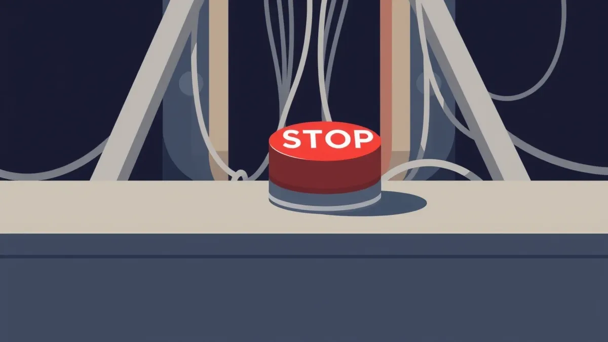 Illustration: A red emergency stop button sits prominently on a smooth gray control panel, its surface untouched and pristine.