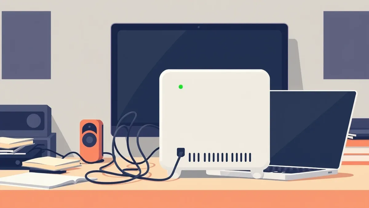 Illustration: A sleek white firewall appliance sits on a cluttered desk, its single green status light pulsing steadily.