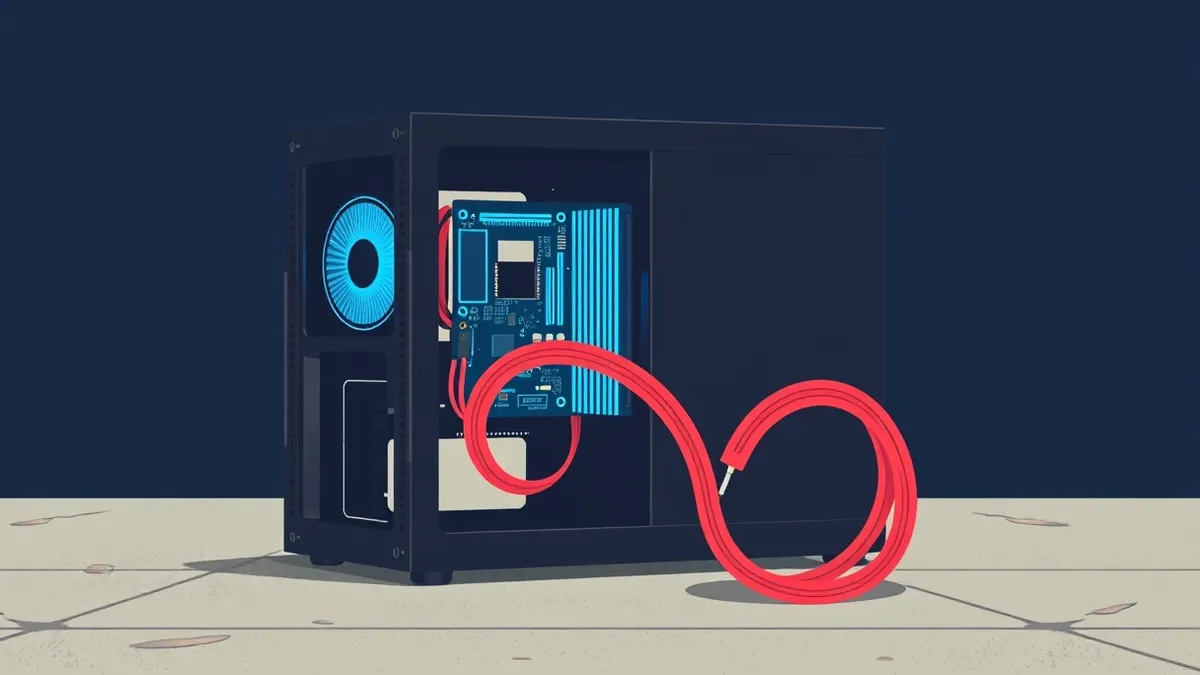 Illustration: A sleek black server chassis sits on a concrete floor with its side panel removed to reveal glowing blue circuitry.
