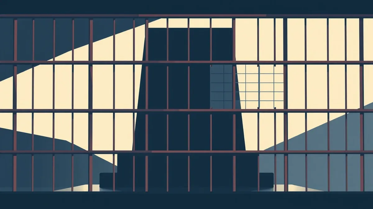 Illustration: A large black monolith sits behind a sturdy metal grate.