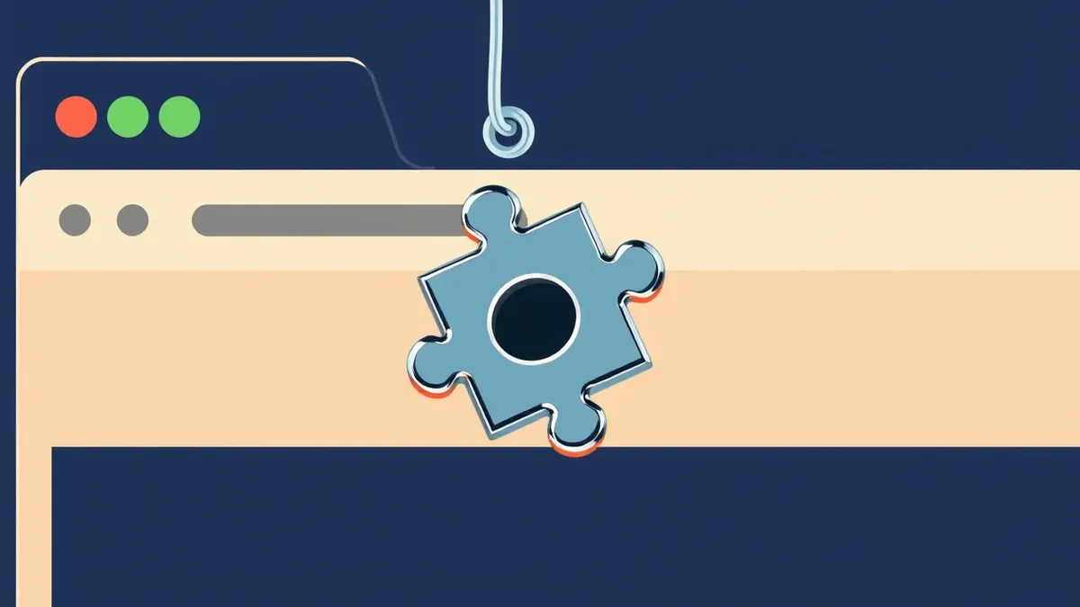 Illustration: A chrome-plated browser extension puzzle piece hangs loosely from a web browser’s address bar, revealing a dark, hollow cavity inside the plastic.