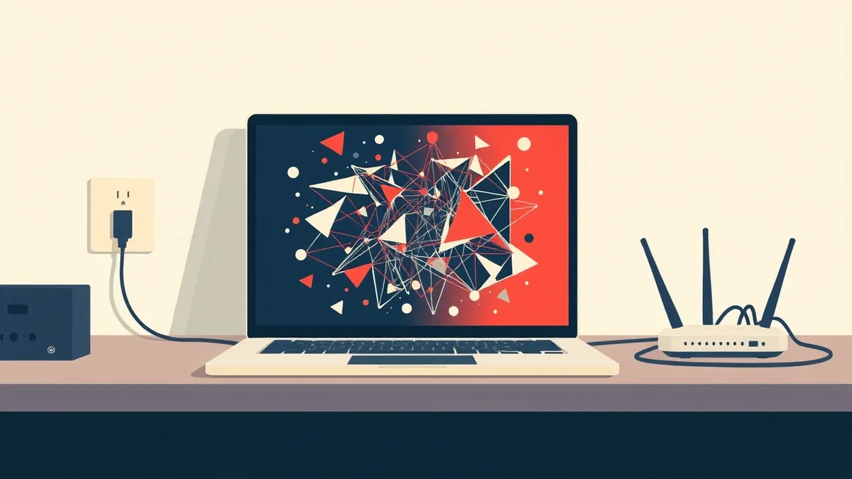 Illustration: An open laptop sits on a desk with its screen displaying a tangled mess of abstract geometric shapes representing leaked data.