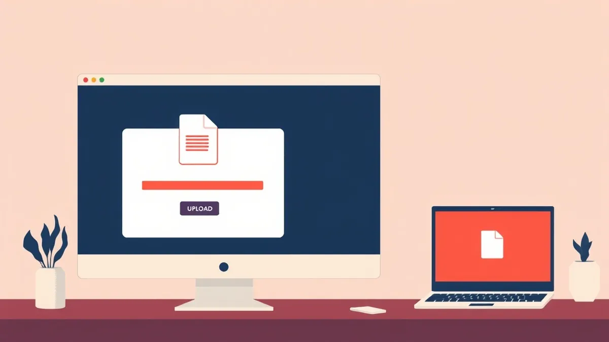 Illustration: A generic help desk software interface displays a blank file upload form on a desktop monitor.