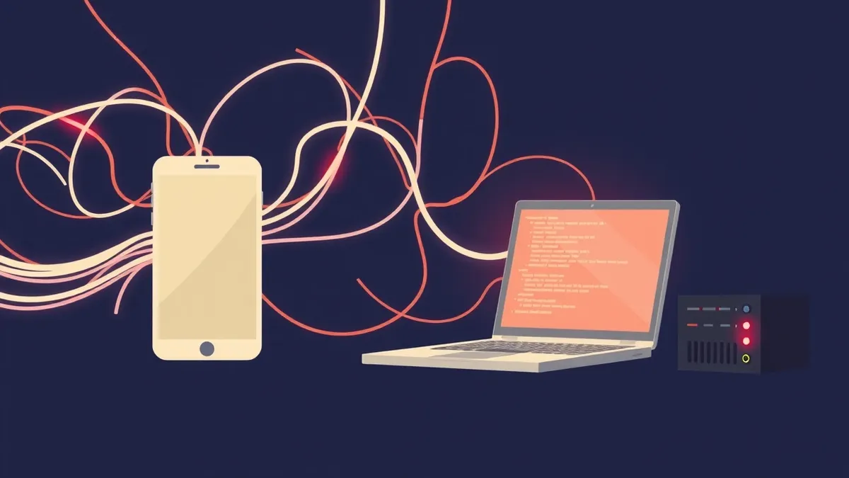 Illustration: A tangled web of glowing fiber optic cables connects a blank smartphone to a generic laptop displaying abstract code lines, while a small black server box sits nearby