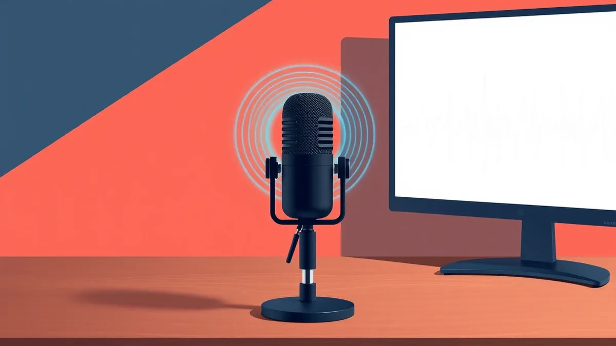 Illustration: A sleek black microphone stands on a wooden desk, emitting faint concentric waves of blue light that distort into a tangled web.