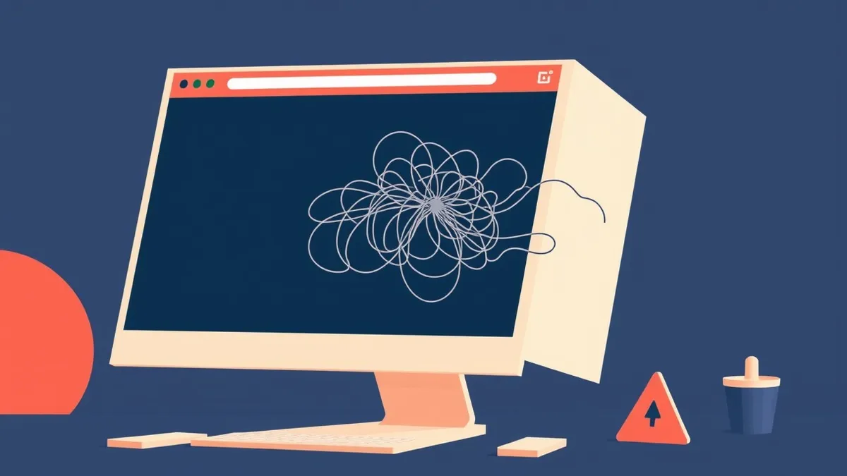 Illustration: A tilted desktop monitor displays a blank web browser window with a chaotic tangle of grey tangled wires erupting from its center.