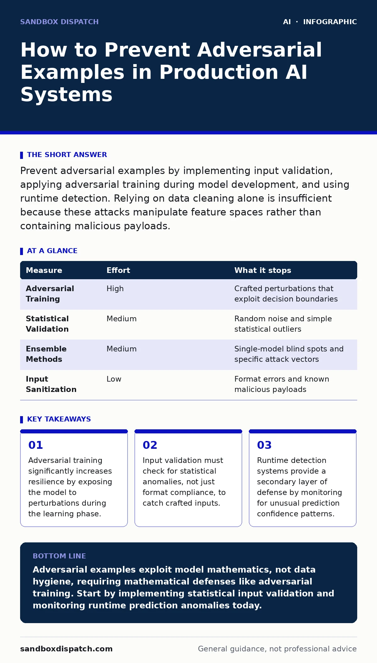 Infographic: How to Prevent Adversarial Examples in Production AI Systems. Adversarial training significantly increases resilience by exposing the model to perturbations during the learning phase. Input validation must check for statistical anomalies, not just format compliance, to catch crafted inp