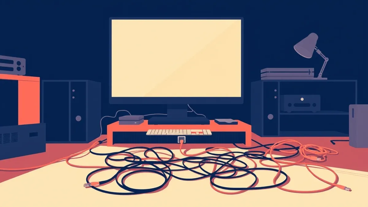 Illustration: A generic Windows interface window sits on a cluttered desk, its blank screen reflecting the dim room.