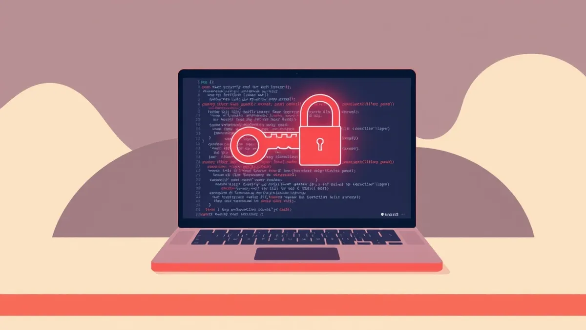 Illustration: A sleek laptop sits on a desk, its screen displaying lines of abstract code.
