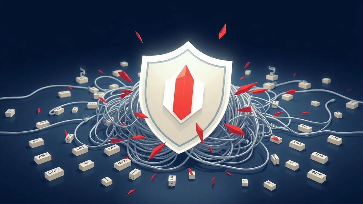 Illustration: A glowing white shield wraps around a tangled knot of silver fiber-optic cables and scattered open-source code blocks.
