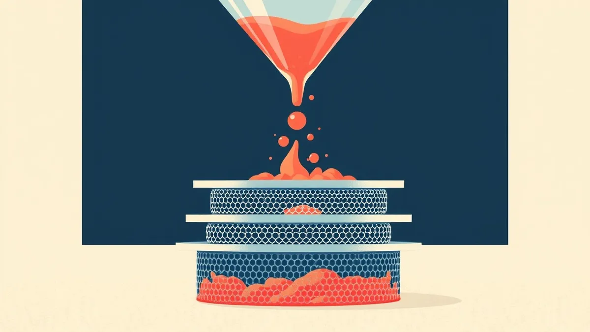 Illustration: A transparent glass funnel sits above a stack of rigid metal mesh screens.