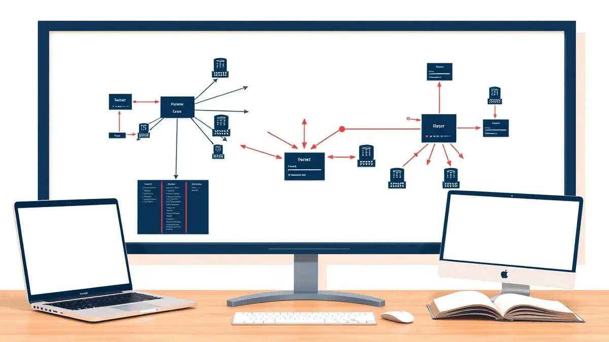 Illustration: A whiteboard displays a complex flow chart of interconnected network nodes and server icons.