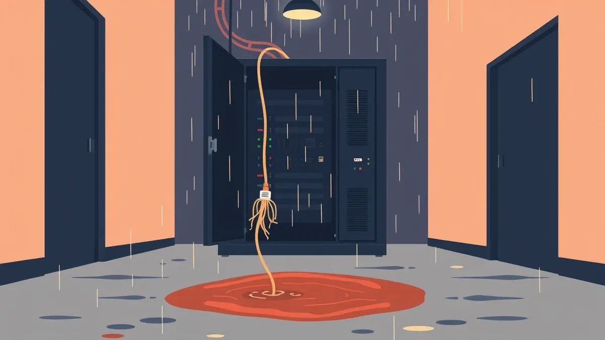 Illustration: A black server rack sits exposed in a rainy alleyway, its metal door hanging wide open.