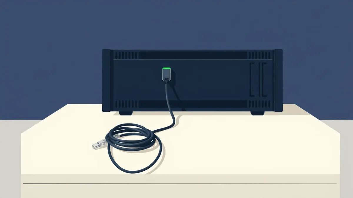 Illustration: A sleek black server unit sits on a clean white desk, its power light pulsing softly.