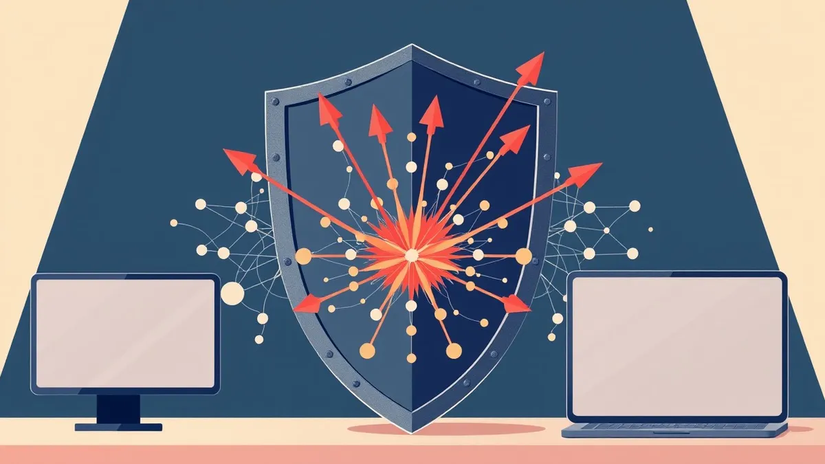 Illustration: A large metal shield stands before a complex neural network diagram.