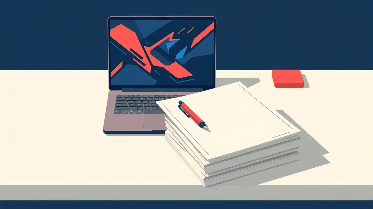 Illustration: A sleek gaming laptop sits open on a clean desk, its screen displaying vibrant abstract game graphics.