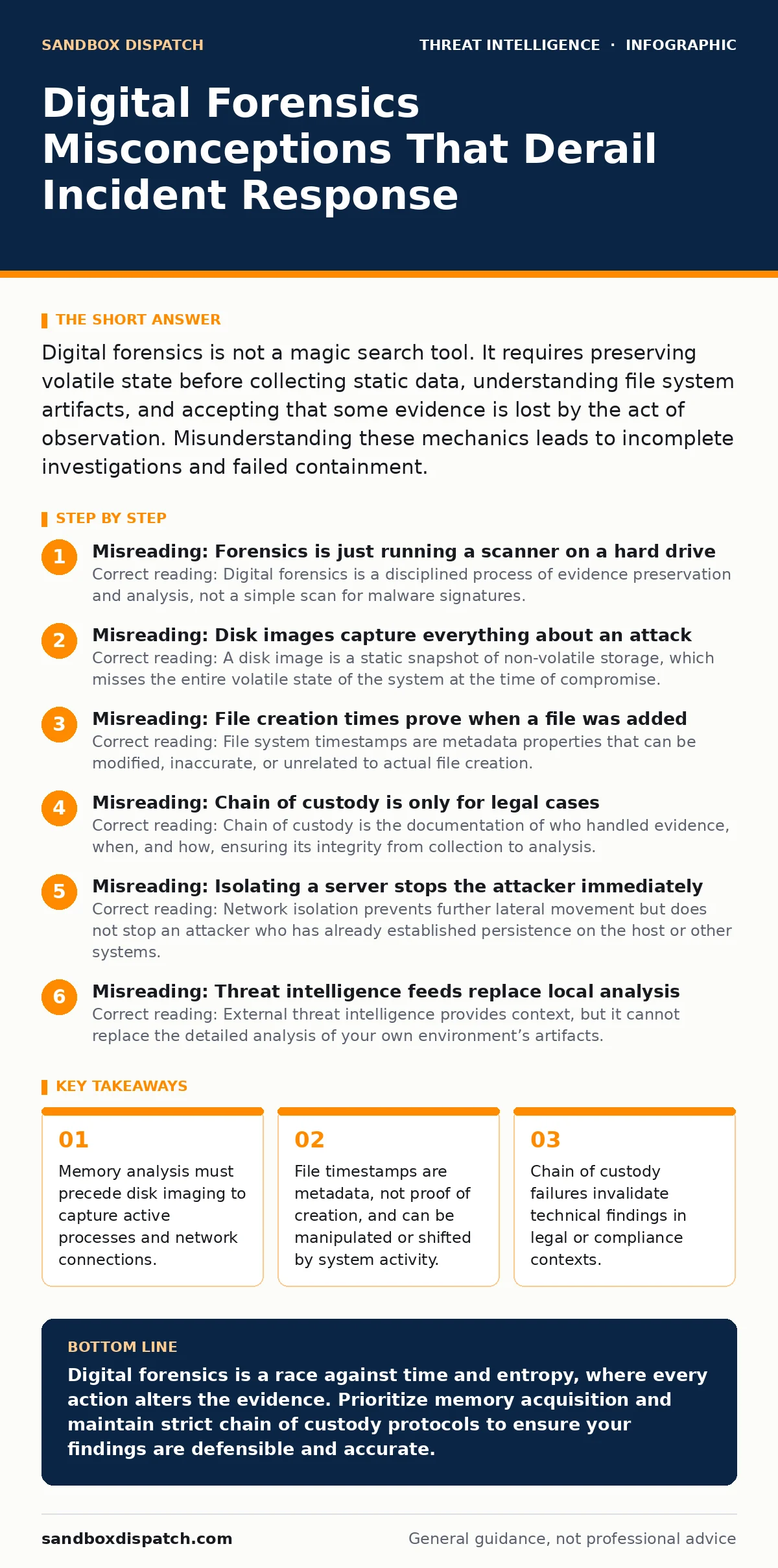 Infographic: Digital Forensics Misconceptions That Derail Incident Response. Memory analysis must precede disk imaging to capture active processes and network connections. File timestamps are metadata, not proof of creation, and can be manipulated or shifted by system activity. Chain of custody fail