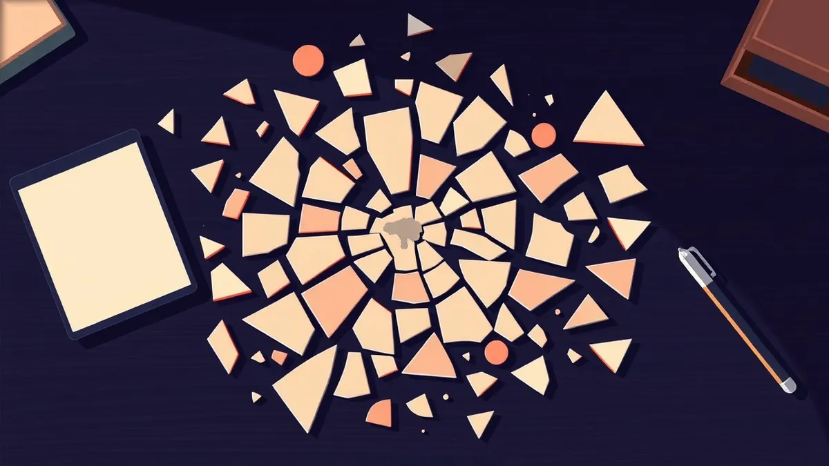 Illustration: A scattered collection of shattered glass fragments lies on a dark wooden desk, each piece reflecting a distorted, fragmented image of a single object.