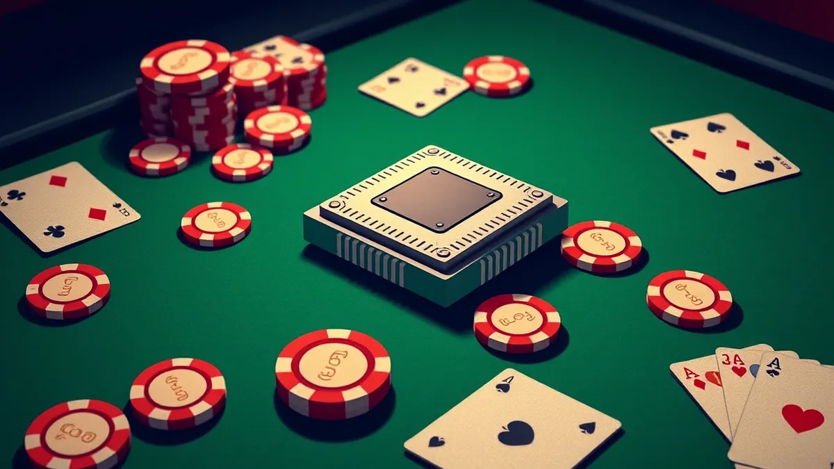 Illustration: A solitary artificial intelligence chip rests on a green felt table beside scattered poker chips and playing cards.