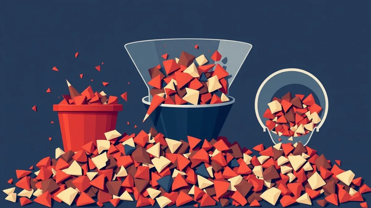 Illustration: A large metal sorting funnel divides a chaotic pile of jagged, colorful shards into two distinct streams.