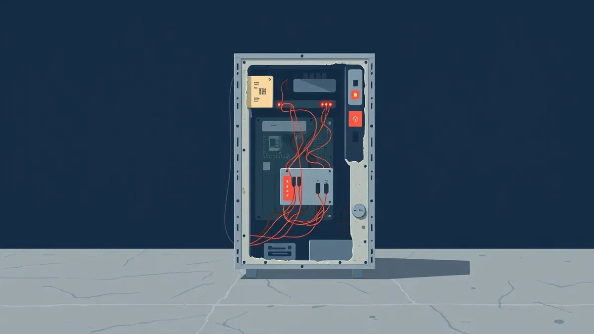 Illustration: A weathered server tower sits isolated on a concrete floor, its metal casing cracked open to reveal tangled wires and exposed circuitry.