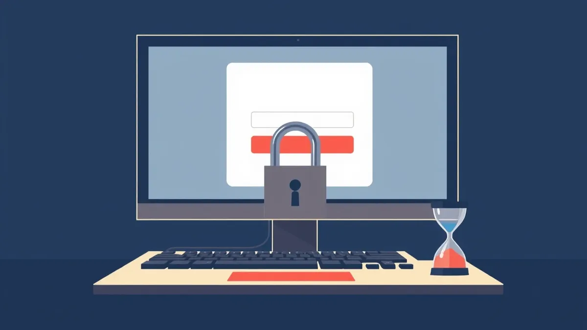 Illustration: A blank digital login form sits on a monitor screen while a thick mechanical lock clamps directly onto the keyboard keys.