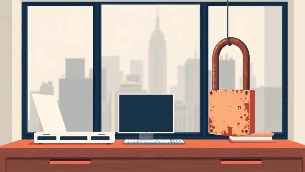Illustration: A blank, white server blade sits on a wooden desk inside a modern office.