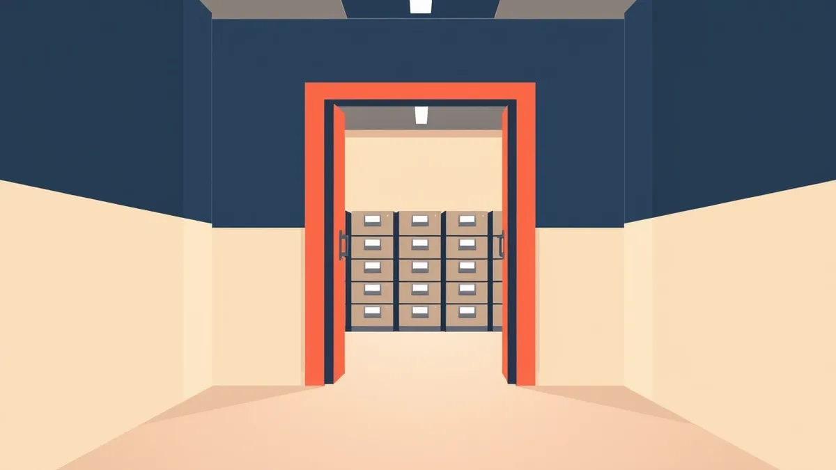 Illustration: A single unsecured door stands wide open in a plain office hallway, inviting access to a room filled with stacked file cabinets.